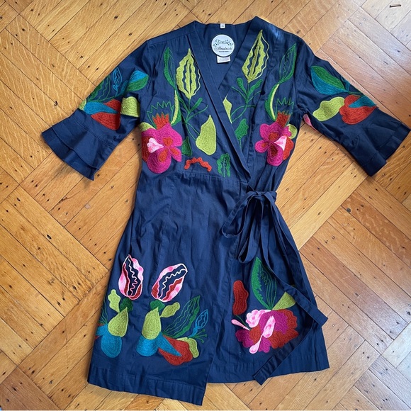Almatrichi Dresses & Skirts - Almatrichi Blue Cotton Wrap Dress with Colorful Flower Stitching